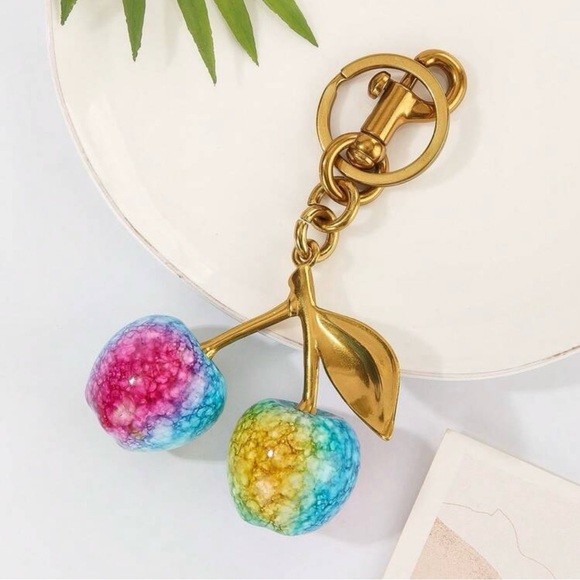 Gold Cherry Multicolor Bag Purse Charm Keychain - Picture 6 of 7